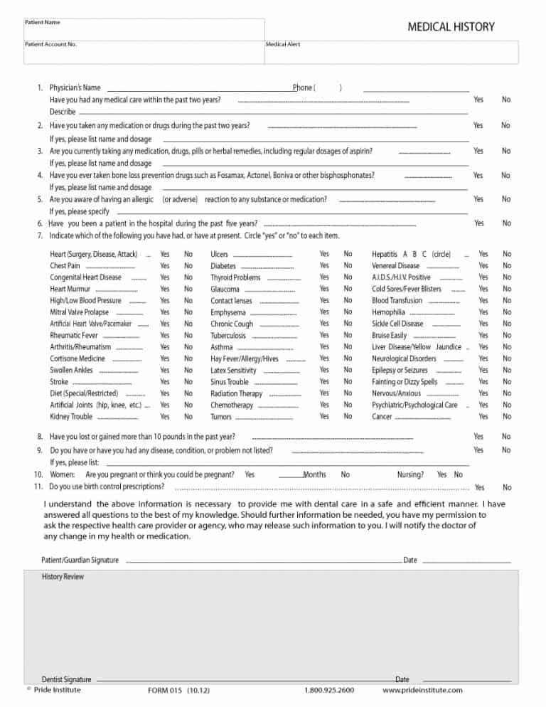 Blank Medical History Form Printable Printable Forms Free Online